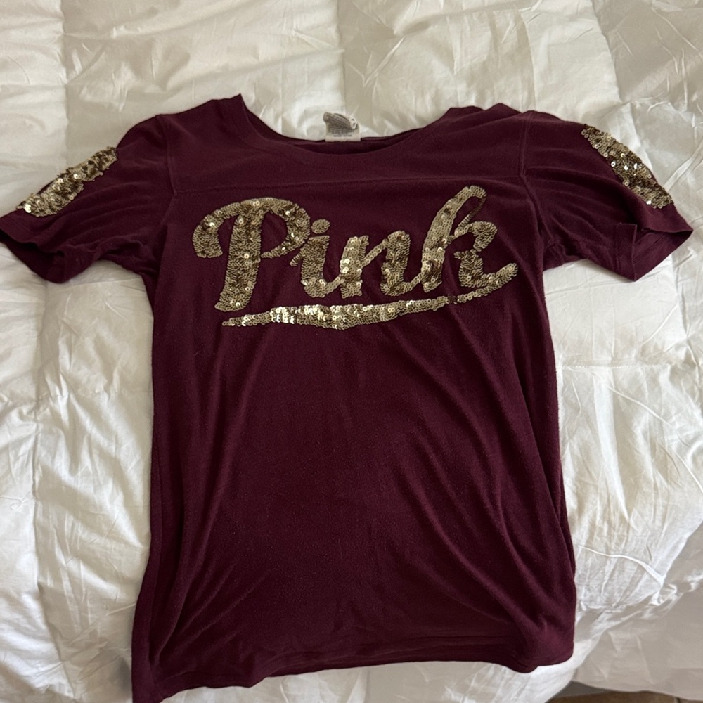 PINK Victoria's Secret Burgundy Tee with Gold Sequins